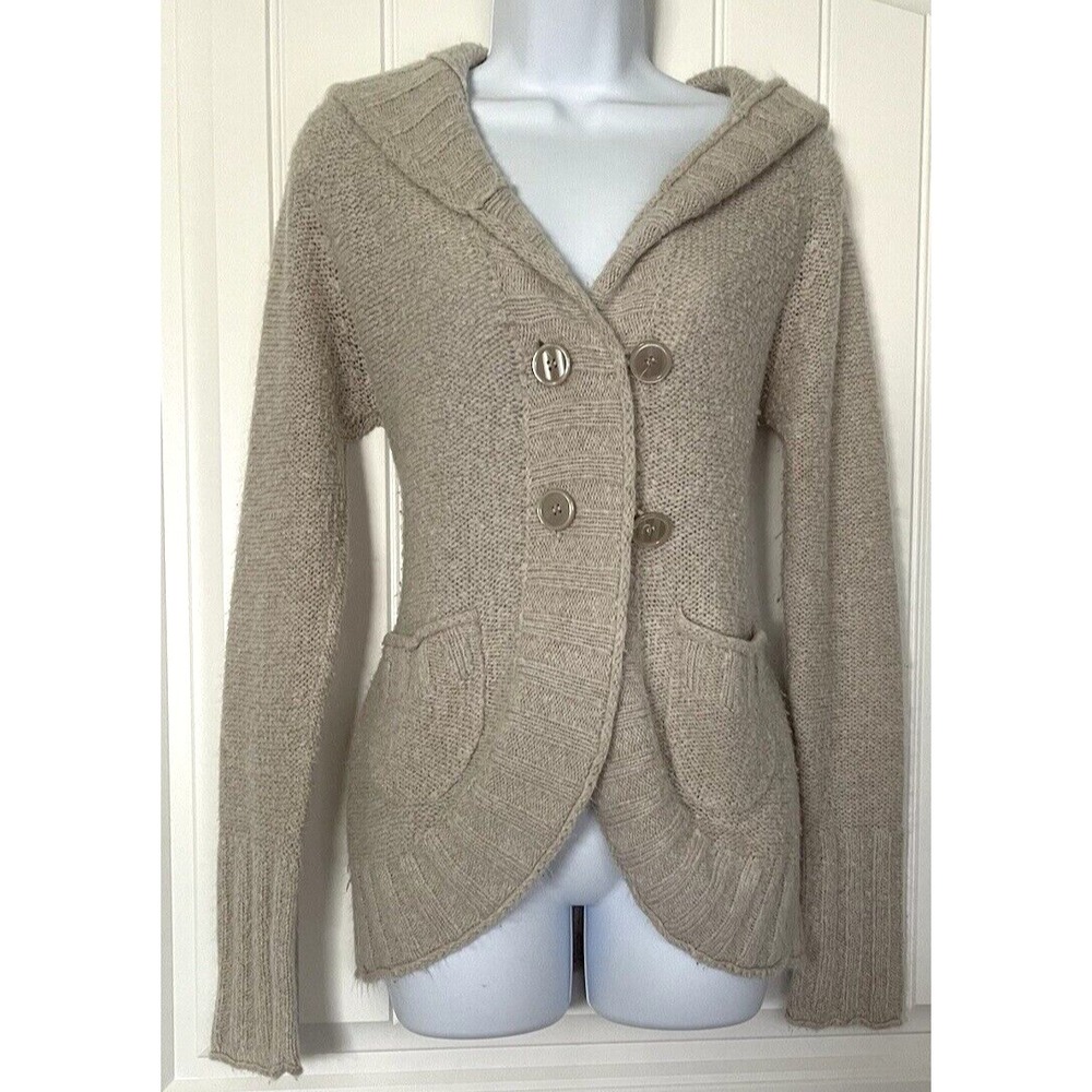 Delia's‎ Hooded Cardigan Womens Size Beige Large Button Up Knitted Long Sleeve